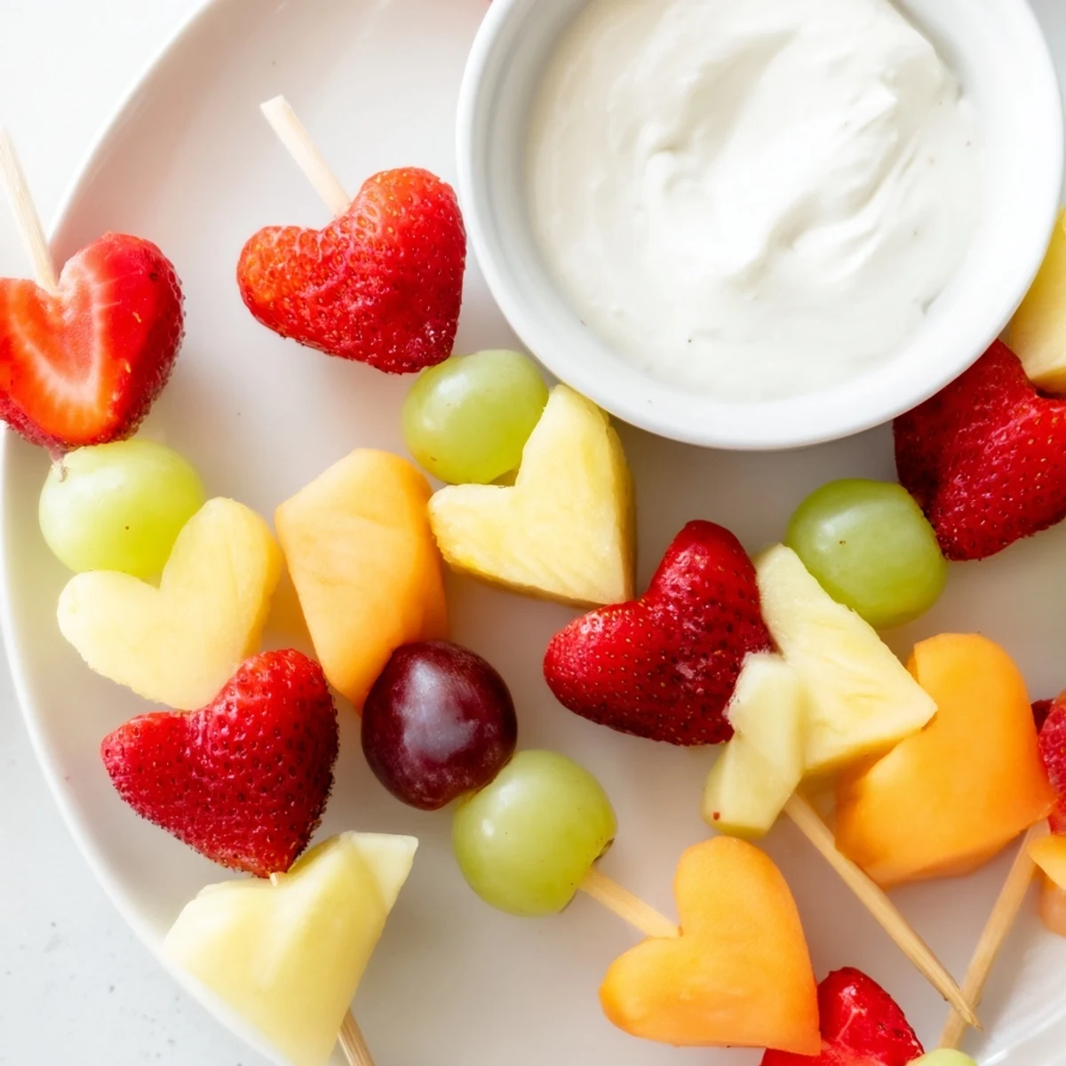 Close-up of Sweetheart Fruit Kabobs with Yogurt, revealing juicy melon hearts and creamy dip, a healthy treat for romantic occasions.
