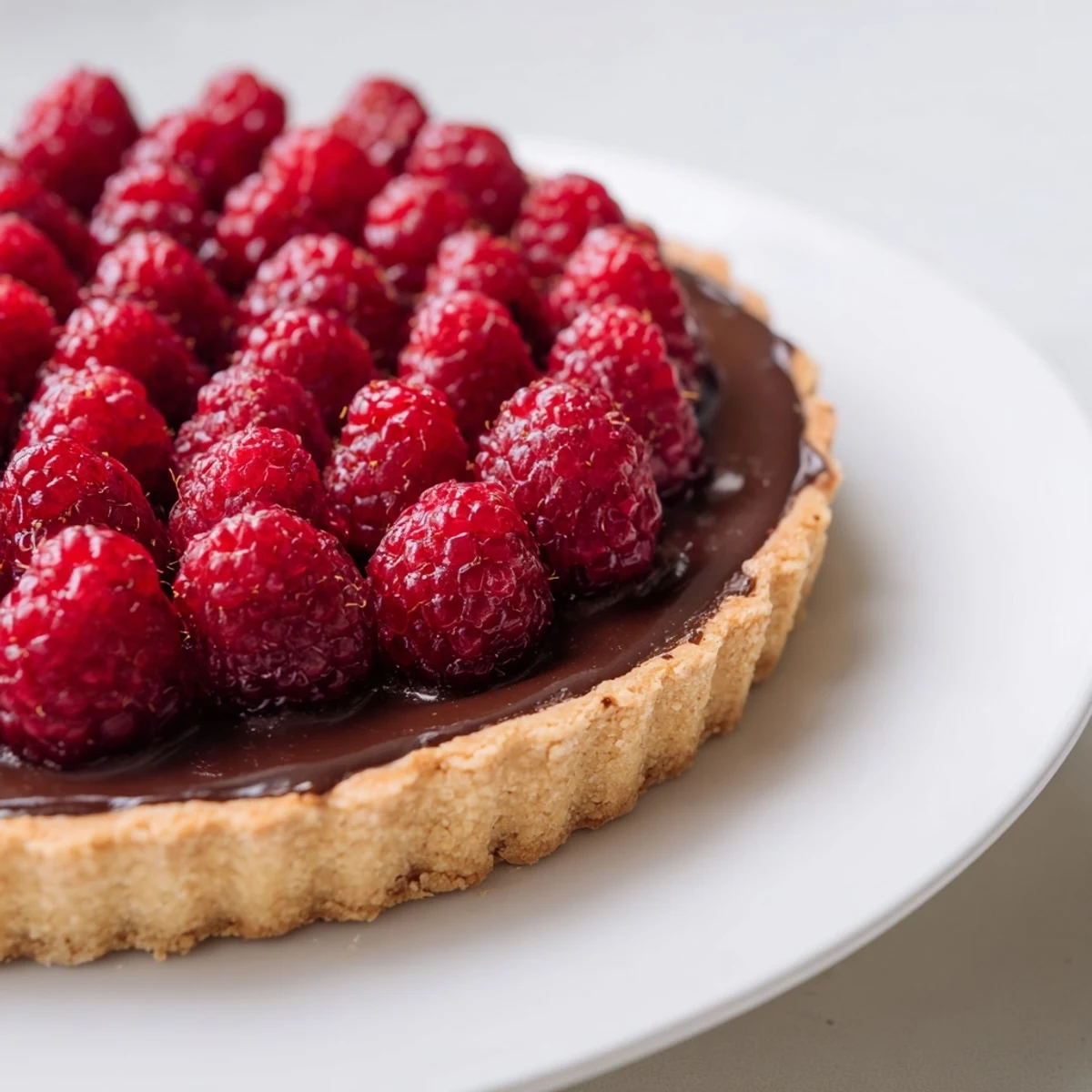 Freshly baked Chocolate Raspberry Tart with a crisp pastry crust and rich ganache filling, topped with bright raspberries.