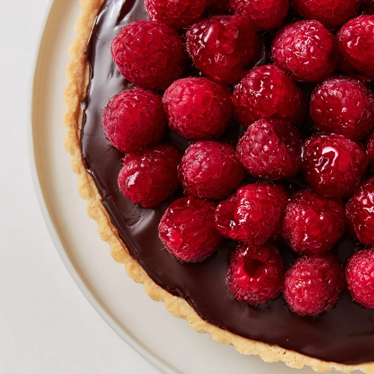 Decadent Chocolate Raspberry Tart served with a dusting of cocoa, perfect for an elegant French-inspired dessert.