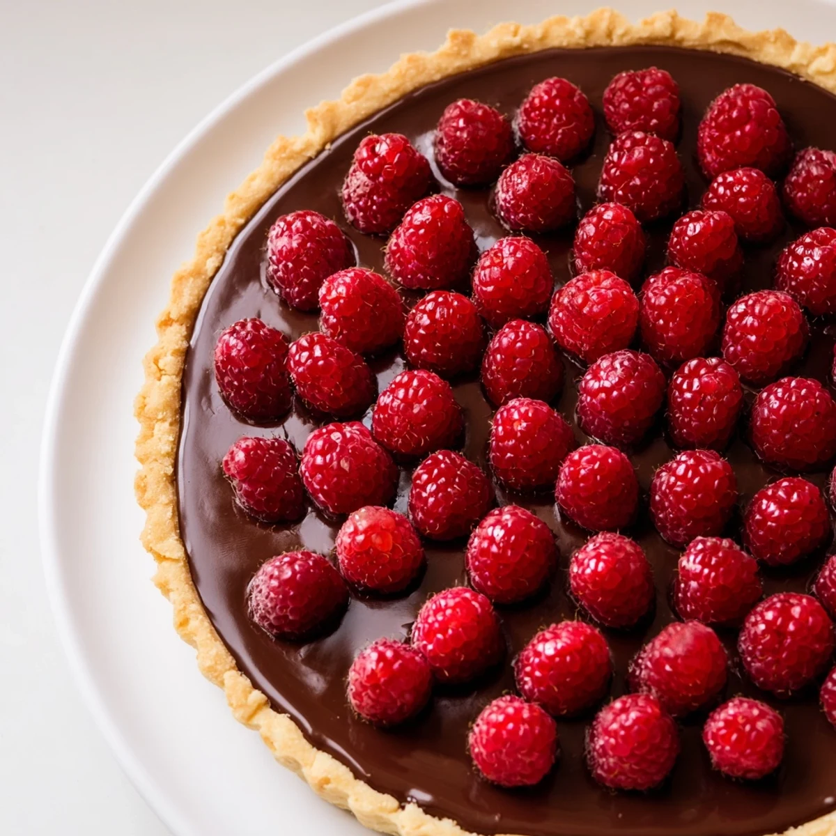 Sliced wedge of Chocolate Raspberry Tart on a plate, showcasing smooth chocolate and fresh berry garnish.