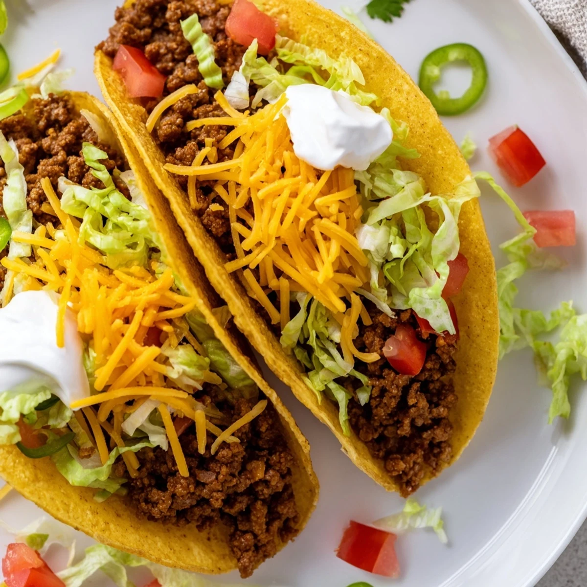Golden MVP Beef Tacos with Cheese, stuffed with seasoned meat and fresh toppings on a skillet.