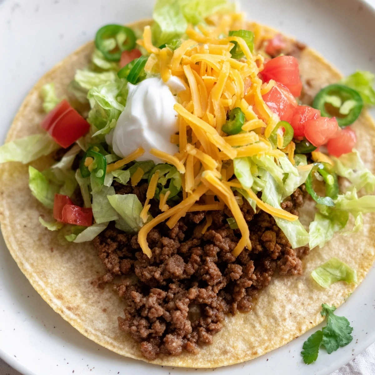 Close-up of MVP Beef Tacos with Cheese, topped with shredded lettuce, diced tomatoes, and sour cream.
