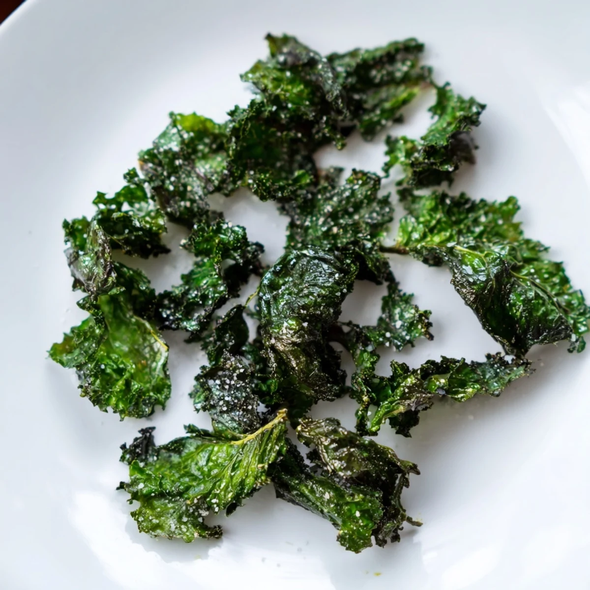 Close-up of vibrant Green Kale Chips with Sea Salt, highlighting their crispy texture and light sea salt seasoning.