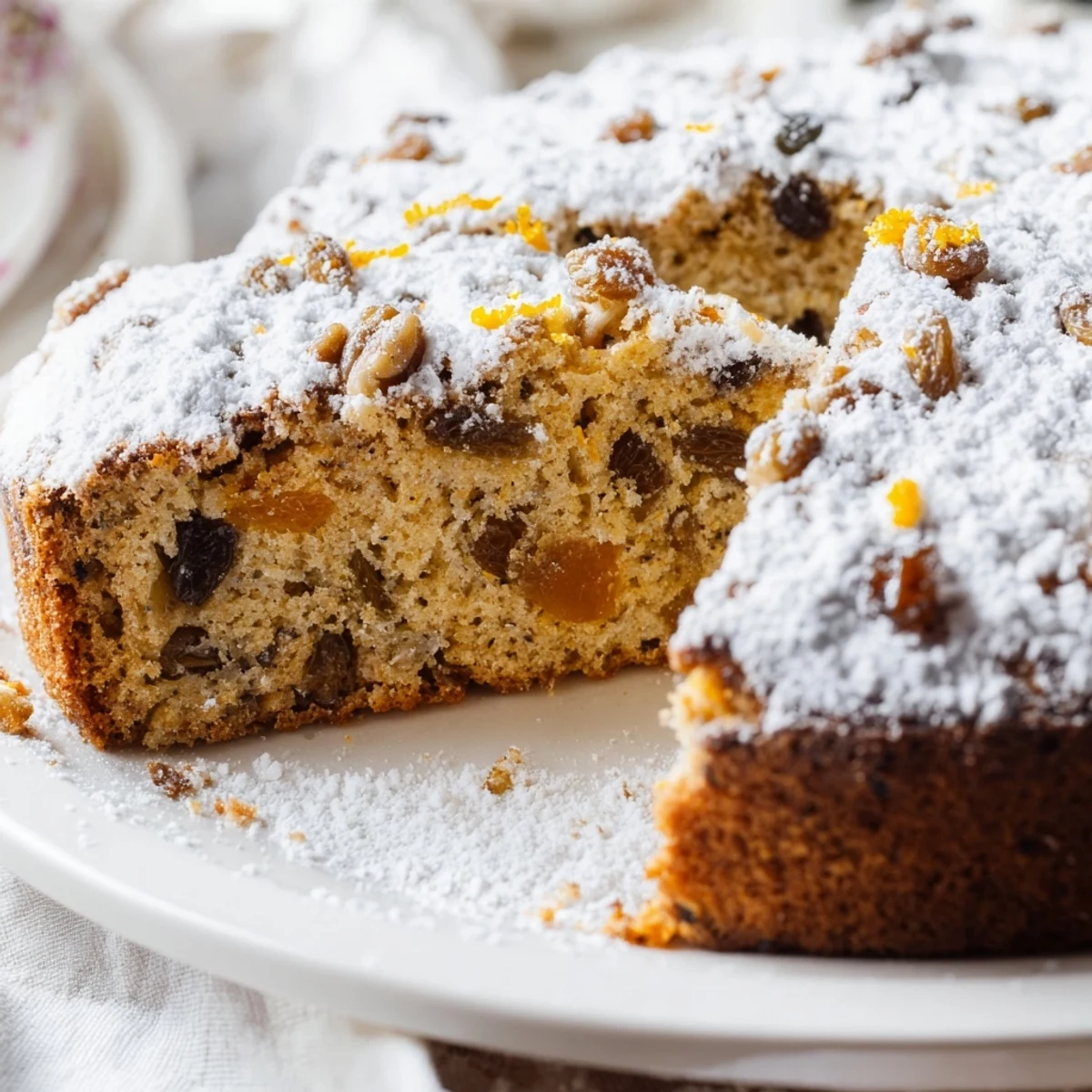 Golden raisins and walnuts speckle a slice of Irish Whiskey Free Cake, revealing a moist crumb and dusted powdered sugar topping.