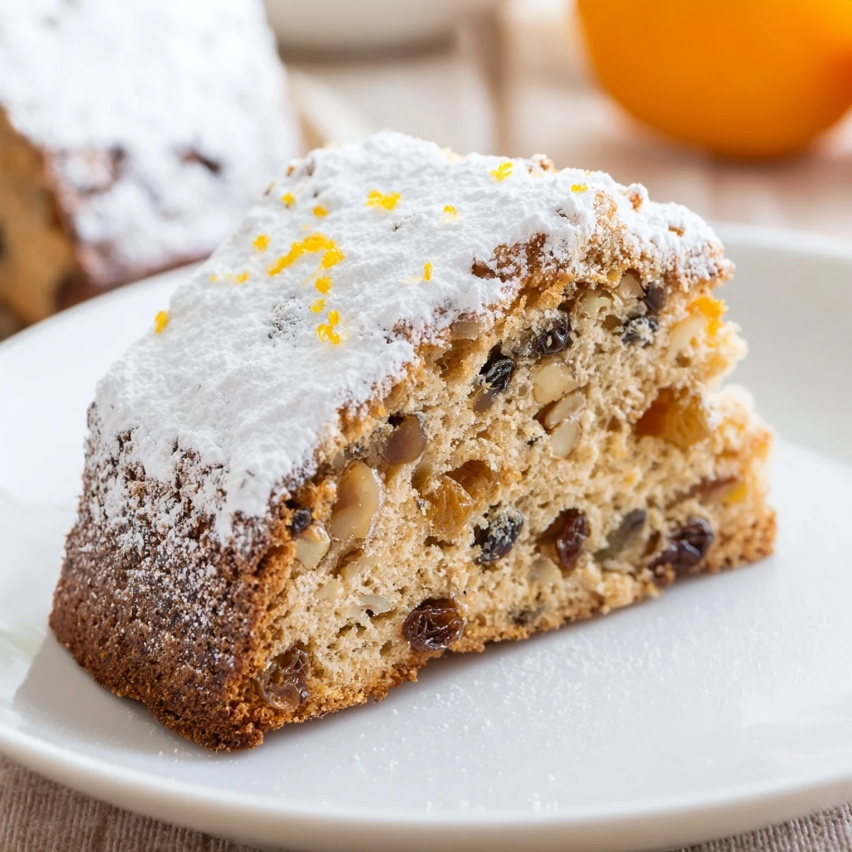A close-up of Irish Whiskey Free Cake shows a golden-brown crust with rich cinnamon aroma, served plain on a rustic plate.