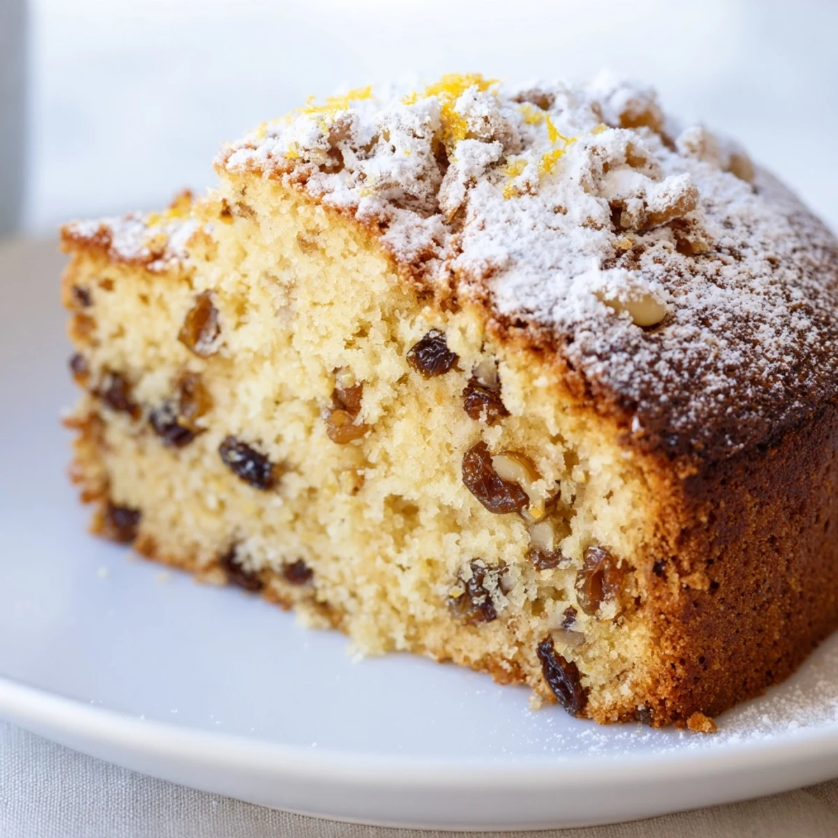 The round Irish Whiskey Free Cake rests in a pan, ready to be dusted with powdered sugar for a cozy dessert.