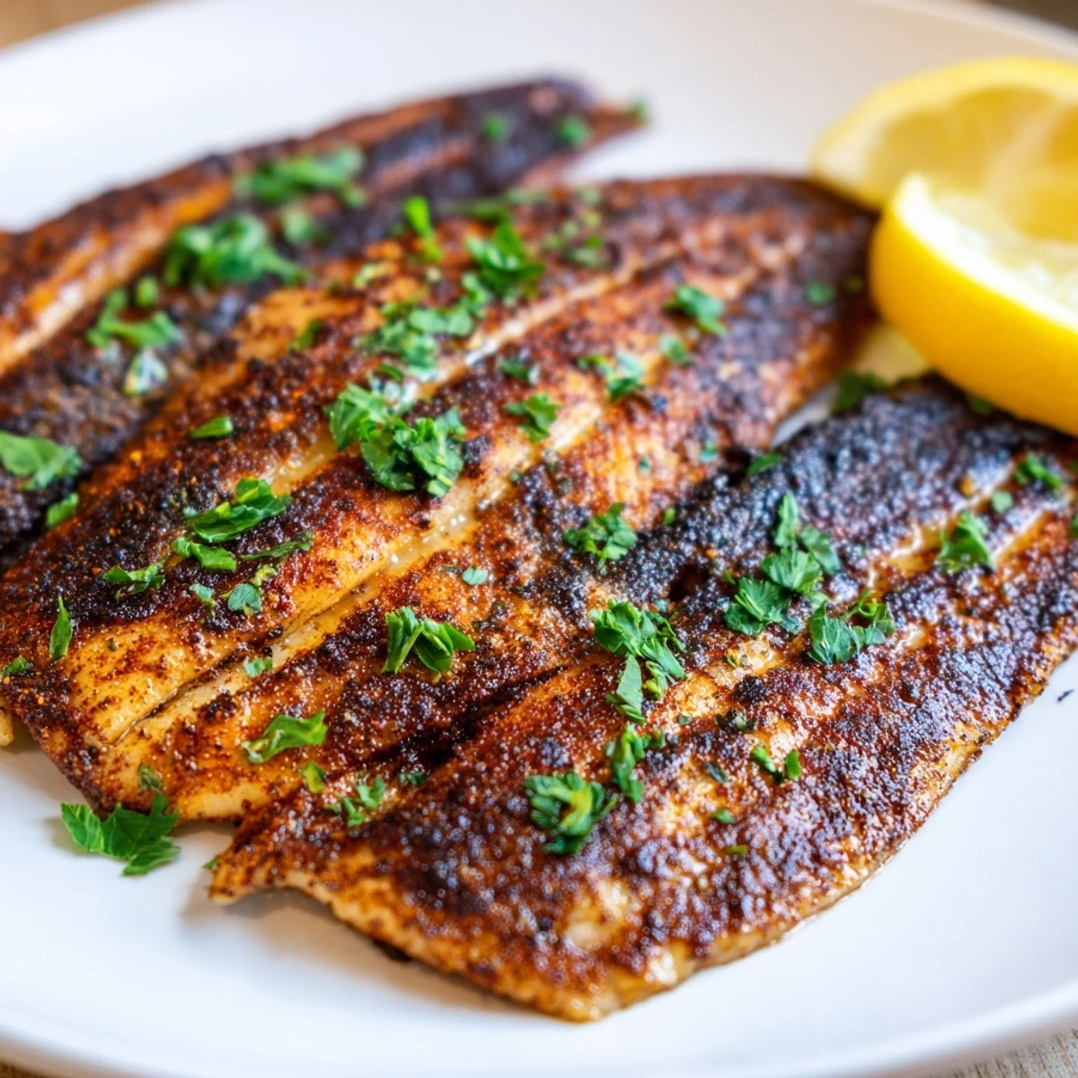 Golden-brown Cajun Blackened Catfish fillets fresh from a hot cast-iron skillet, garnished with fresh parsley and served with lemon wedges for a zesty finish.