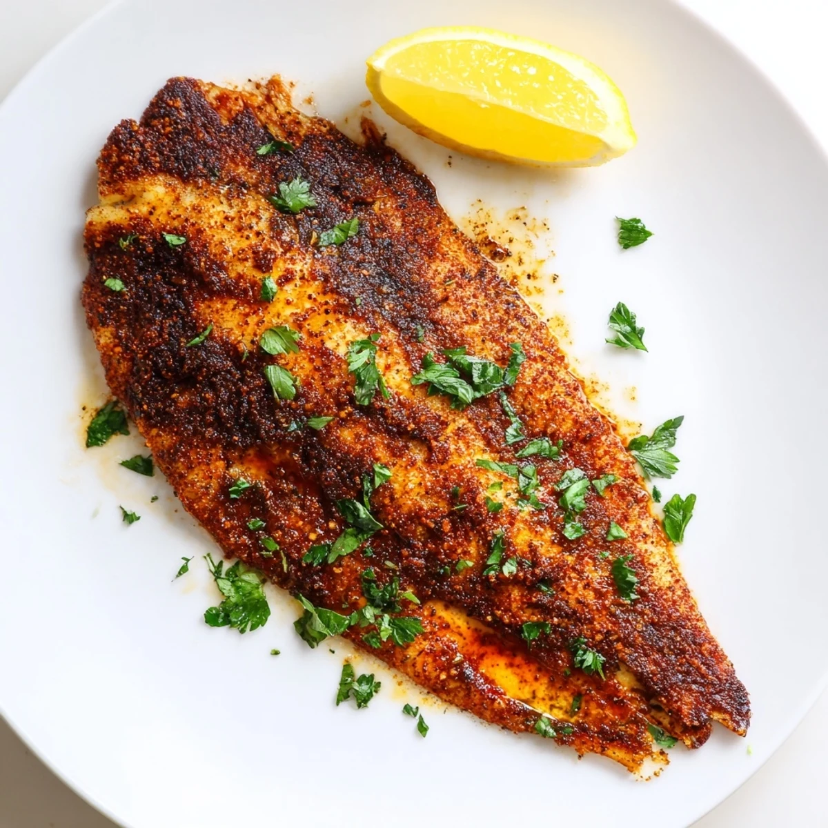 Sizzling Cajun Blackened Catfish in a cast-iron pan, showcasing the bold, charred spices and tender fish, ready to be squeezed with fresh lemon on a rustic table.