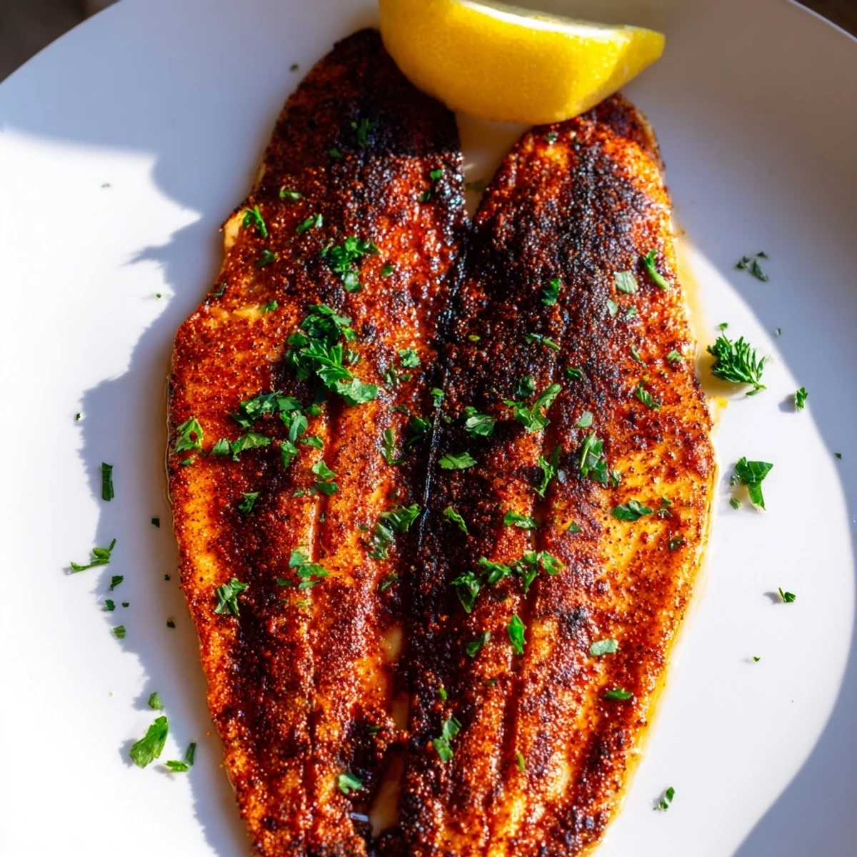 A close-up of Cajun Blackened Catfish with a smoky, spicy crust, flaky white interior, and vibrant herbs, plated alongside fluffy white rice for a classic Southern dinner.