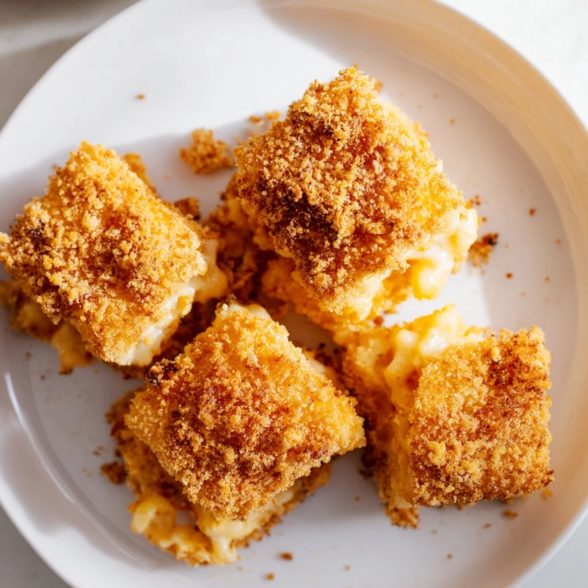 A platter of bite-sized fried mac and cheese appetizers ready for a Super Bowl party.