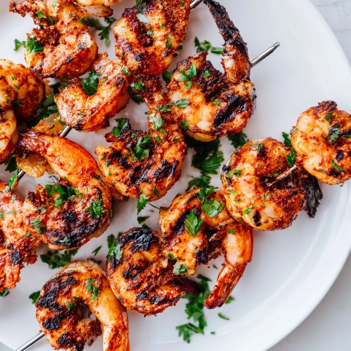 Golden-brown Creole Spiced Shrimp Skewers sizzling on the grill, showcasing their vibrant red-orange spice crust.
