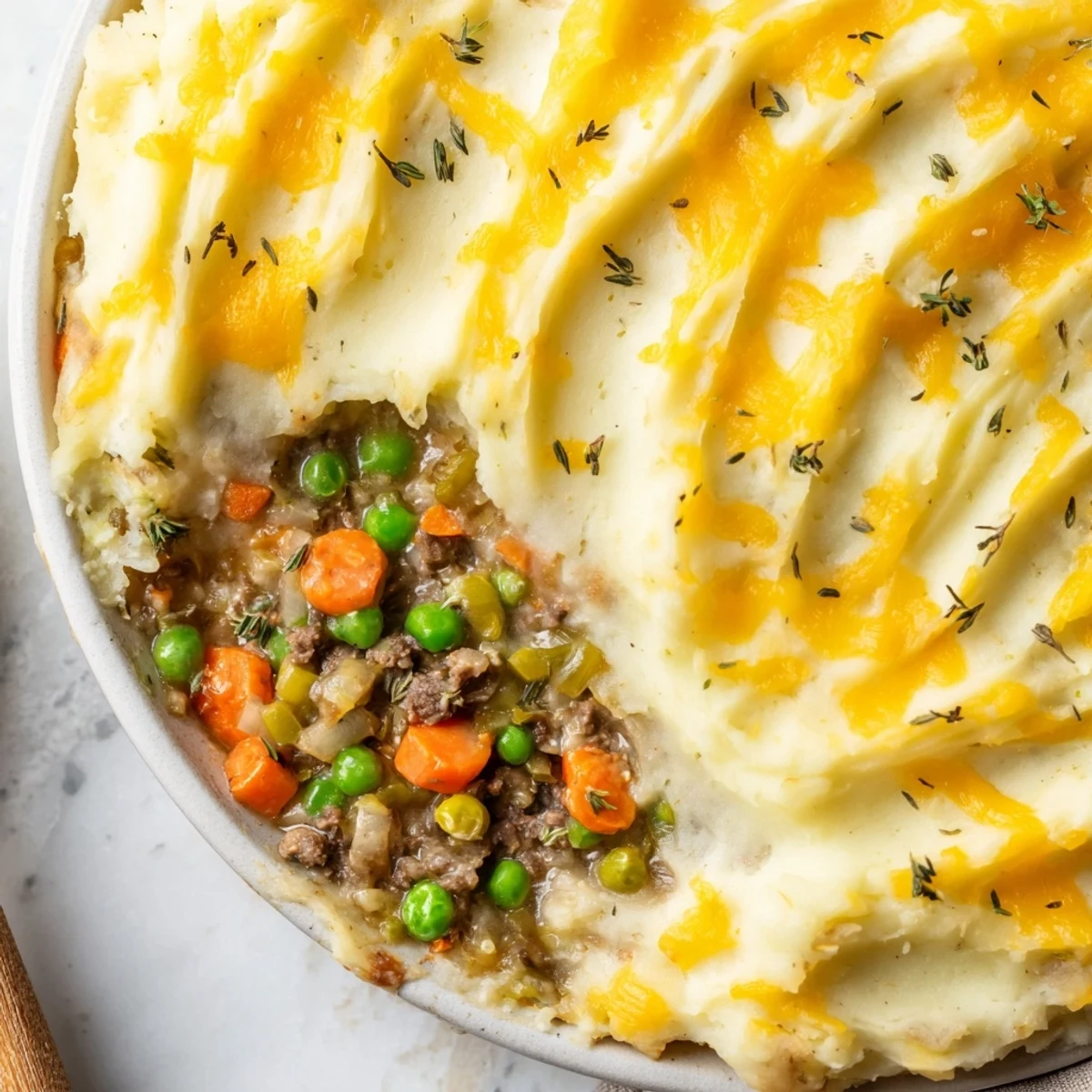 Golden-brown Shepherd's Pie with Savory Lamb bubbling with peas and carrots under creamy mashed potatoes.