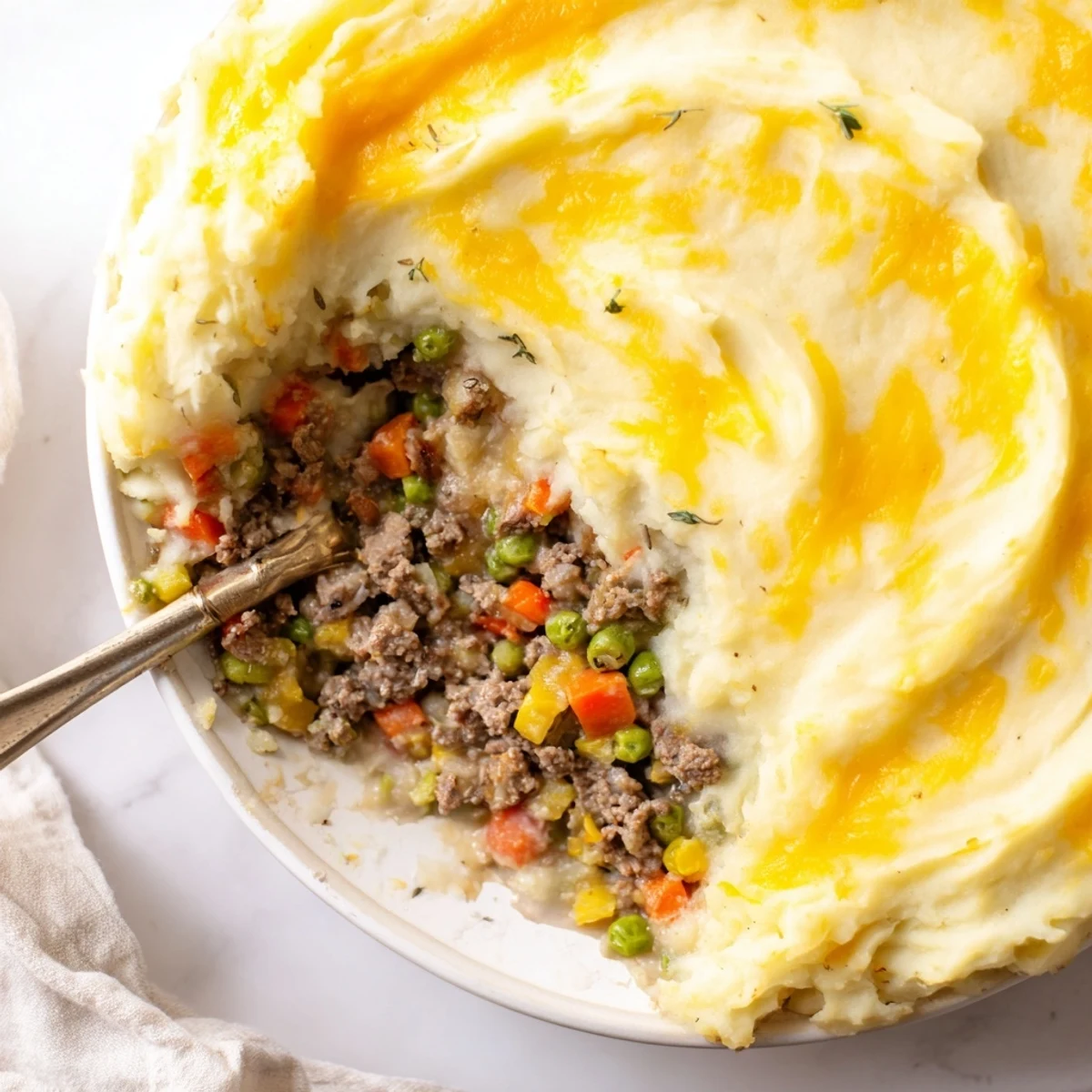 A rustic baked dish of Shepherd's Pie with Savory Lamb served in a white ceramic dish.