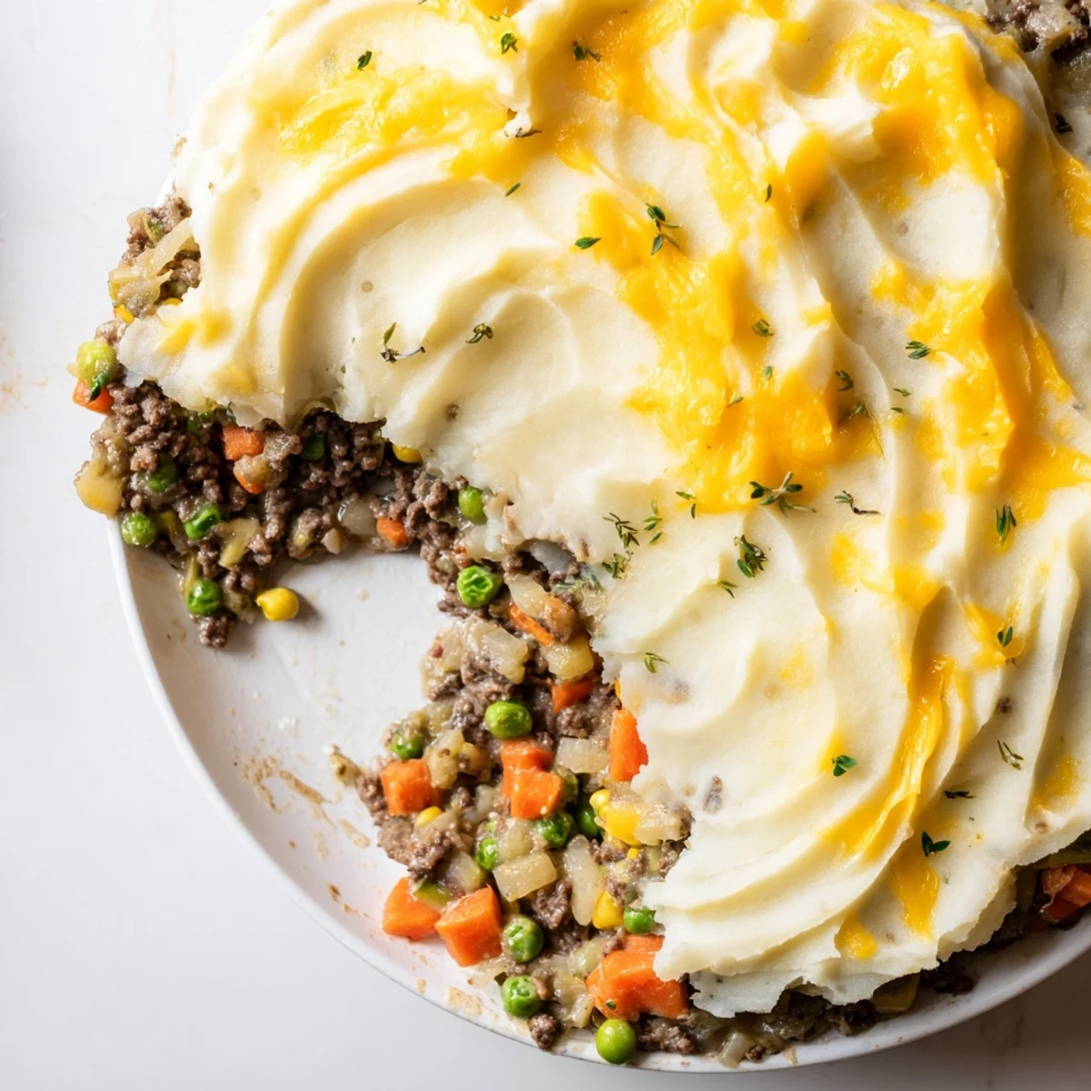 Comforting Shepherd's Pie with Savory Lamb on a plate, garnished with fresh thyme and a glass of red wine.