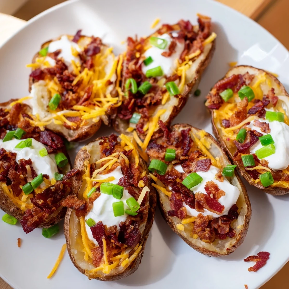 Golden-brown crispy Game Day Loaded Potato Skins with Beef Bacon and melted cheddar cheese topped with sour cream. 