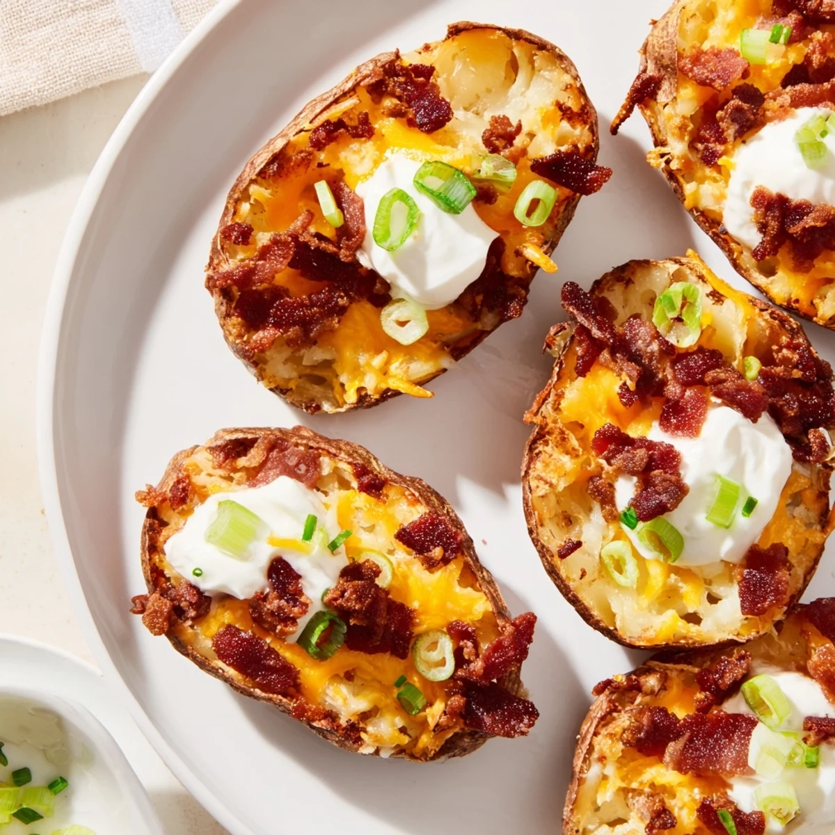 Fork holding a Game Day Loaded Potato Skin with beef bacon crumbles and fresh chives over sour cream. 