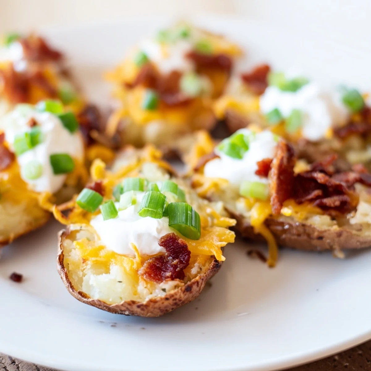 Crunchy Game Day Loaded Potato Skins with Beef Bacon topped with sour cream and green onions on a platter.