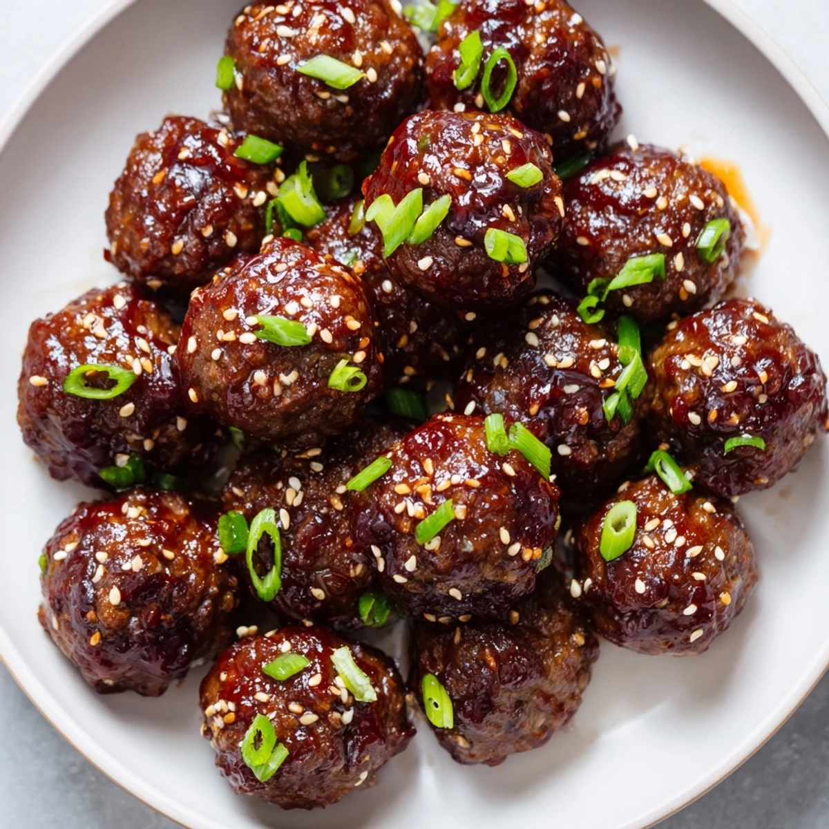 Steaming Spicy Sriracha Beef Meatballs are served in a bowl over rice with fresh green onions for a quick dinner.