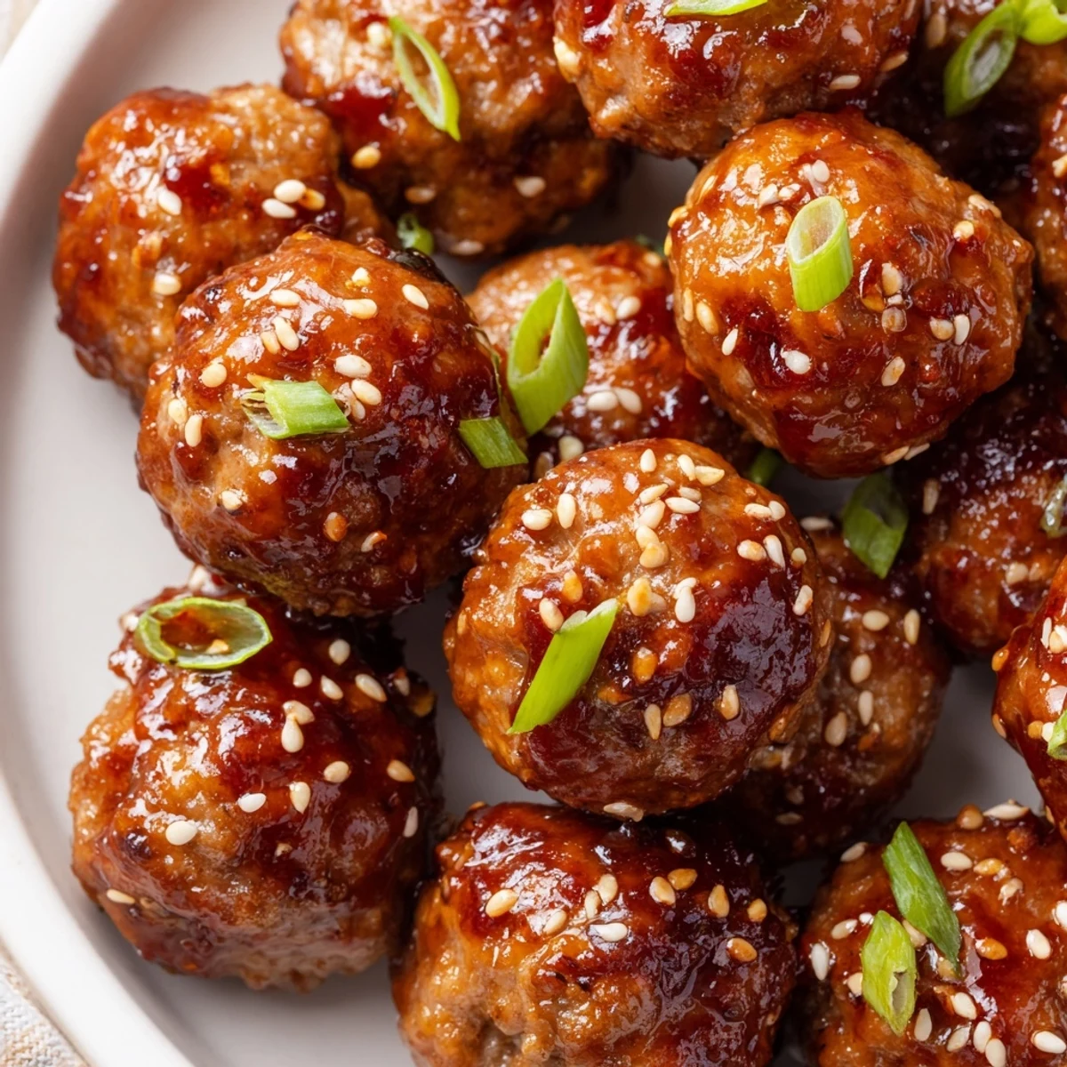 Glossy, red-hued Spicy Sriracha Beef Meatballs tossed in sauce are garnished with sesame seeds on a rustic wooden board.