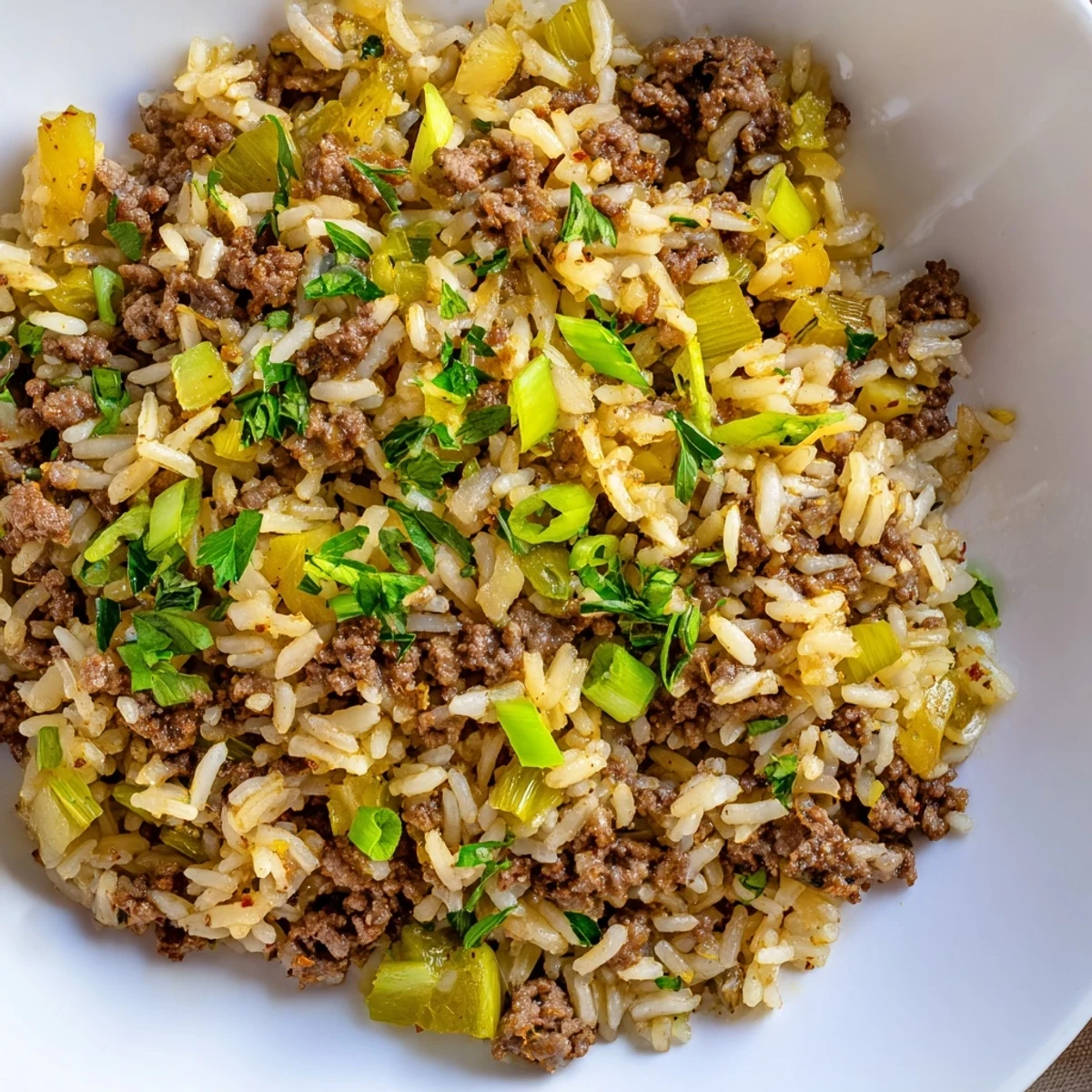 A steamy skillet of Cajun Dirty Rice with ground beef, featuring colorful peppers and onions.