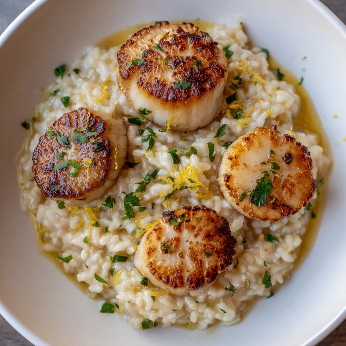 Seared Scallops with Lemon Butter Risotto plated on white with lemon zest garnish.