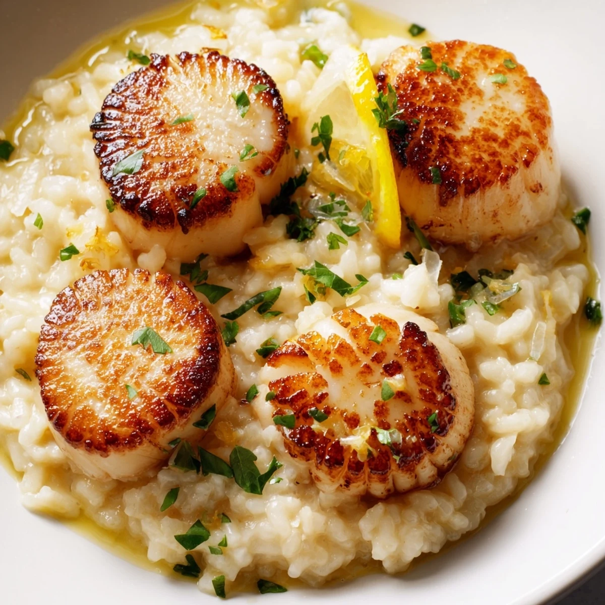 Juicy scallops with a golden crust over lemon parmesan risotto, served with buttery sauce.