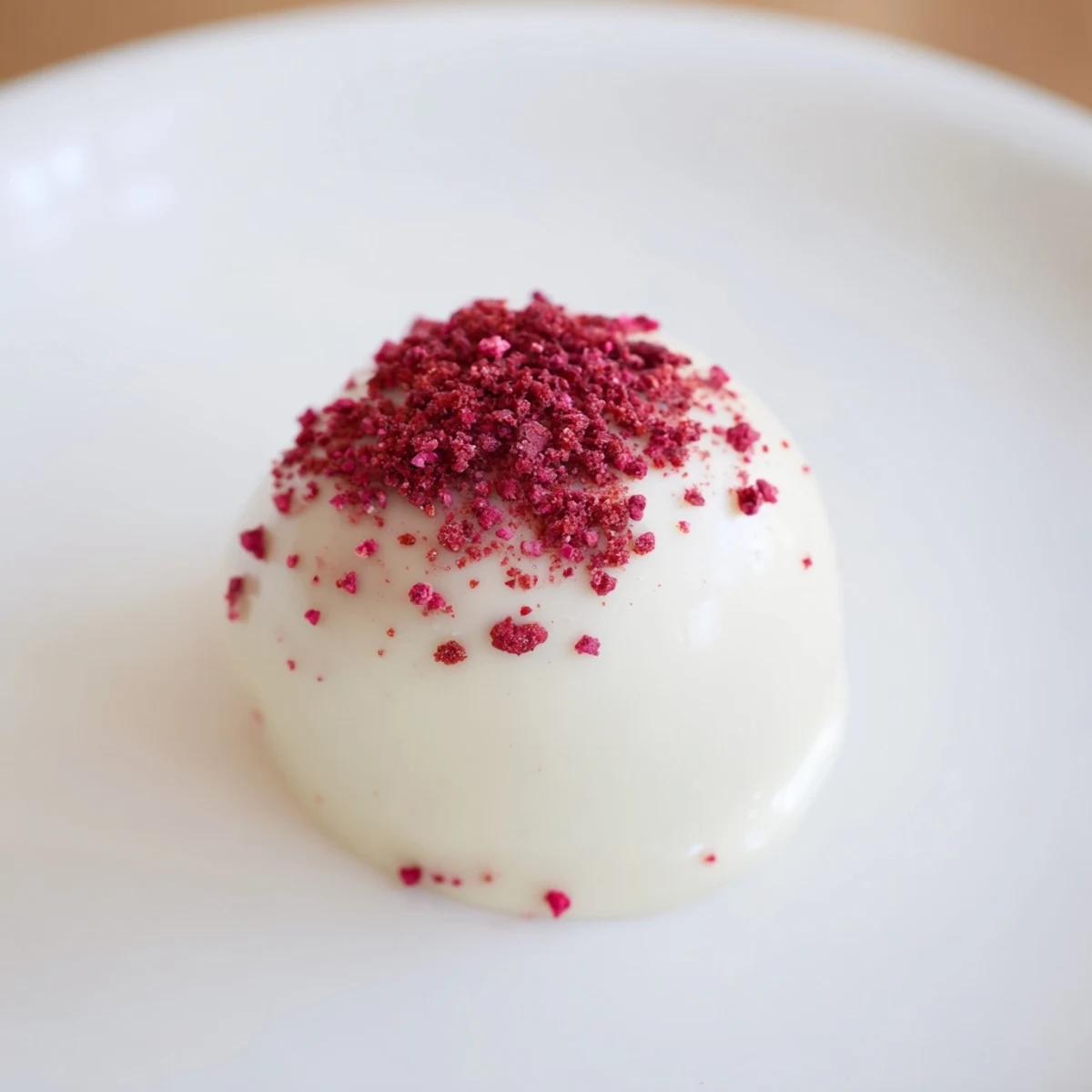 Four glossy White Chocolate Raspberry Truffles dusted with crushed freeze-dried raspberries are arranged on a white ceramic plate, ready to serve.