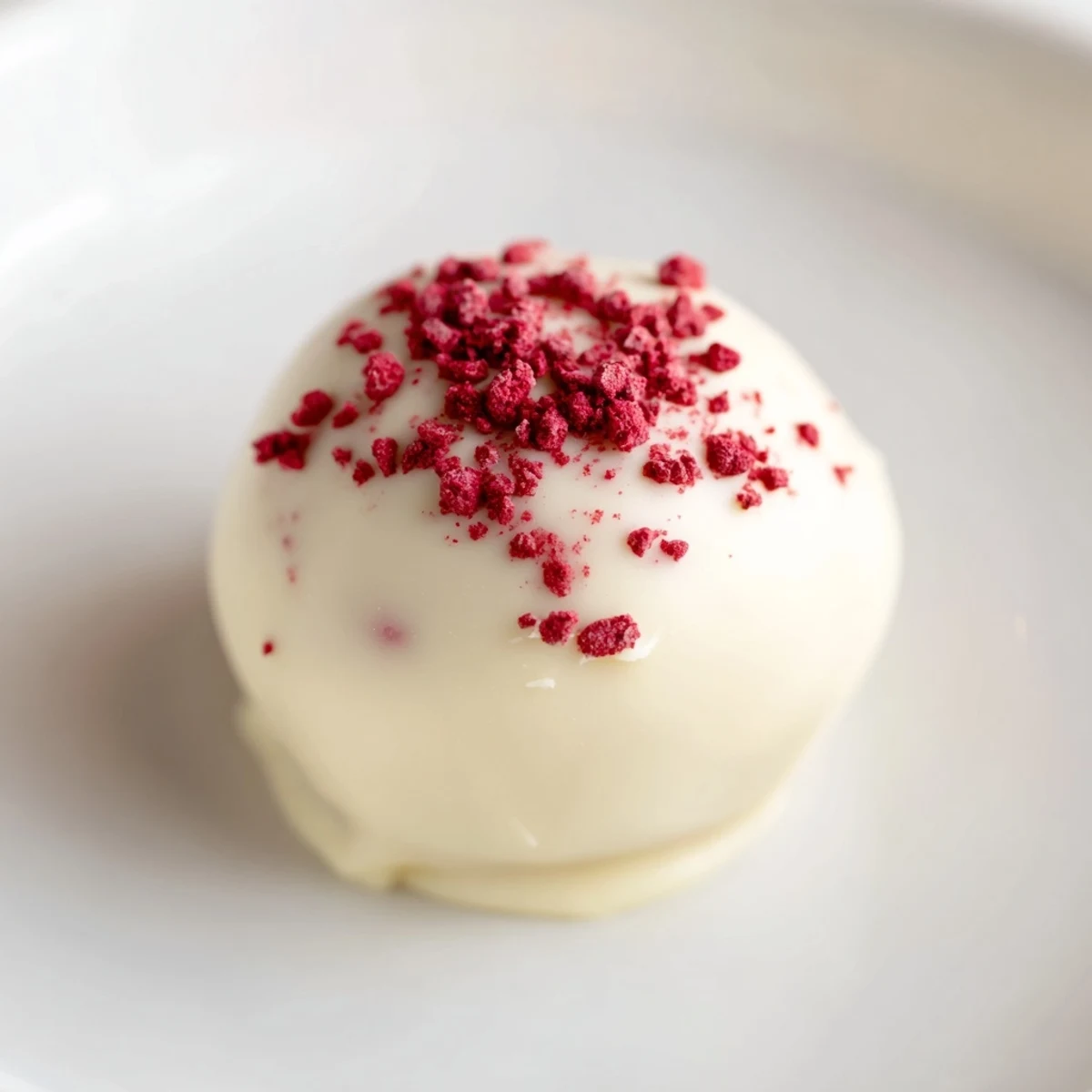 A close-up of a bite-sized White Chocolate Raspberry Truffle showing the creamy ganache center and white chocolate shell coating.