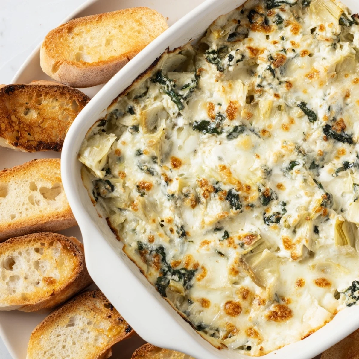 Golden-baked Creamy Spinach and Artichoke Dip, bubbling and served warm with crusty baguette slices for dipping.