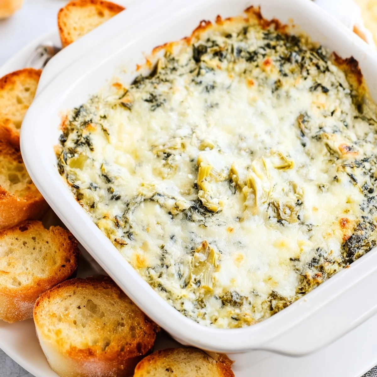 A close-up of Creamy Spinach and Artichoke Dip, showing melted mozzarella and Parmesan on top.