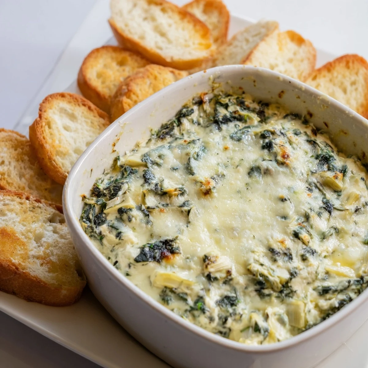 Cheesy Creamy Spinach and Artichoke Dip in a baking dish, paired with toasted bread slices.