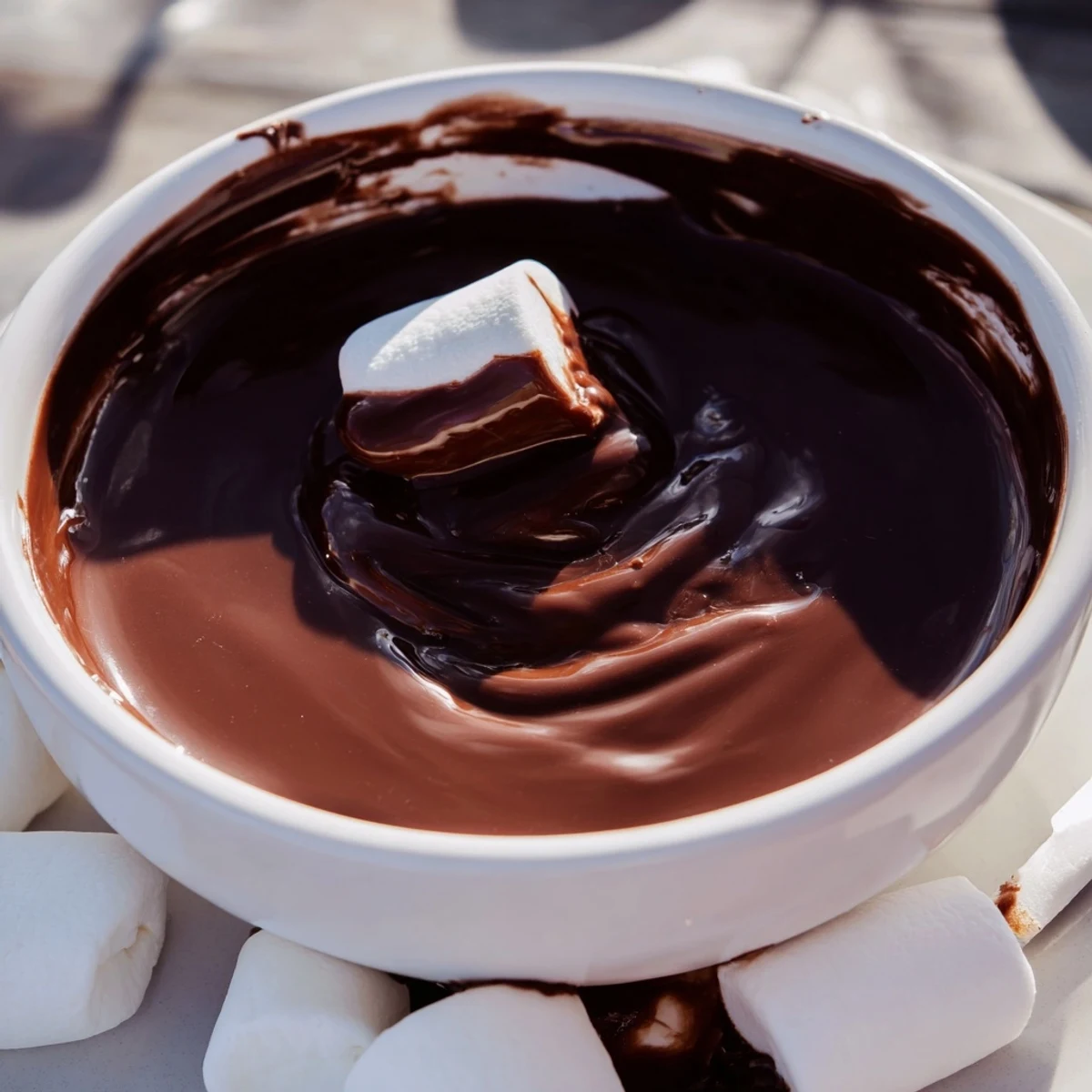 Romantic Chocolate Fondue with Marshmallows bubbling in a fondue pot surrounded by fresh strawberries and banana slices.