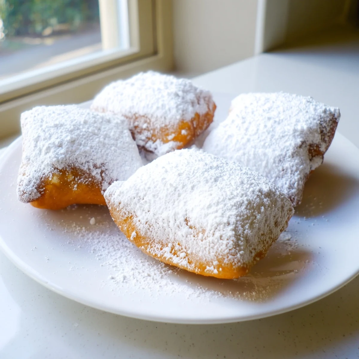 Freshly fried New Orleans Style Beignets with powdered sugar stacked on a plate.