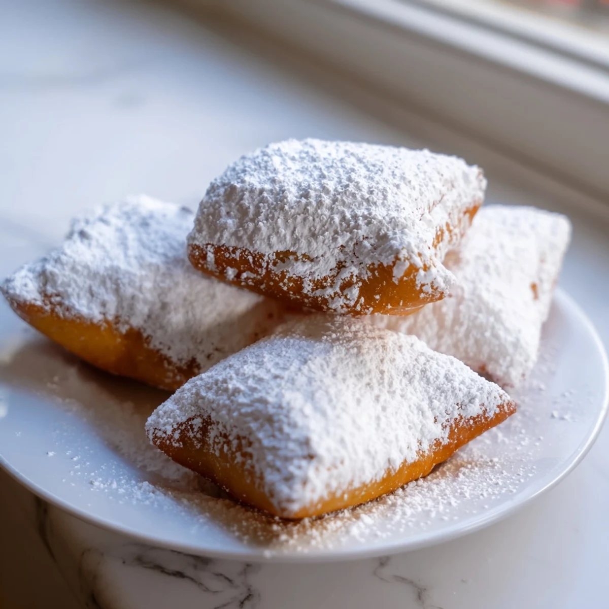 Warm, pillowy New Orleans Style Beignets with powdered sugar ready to eat.