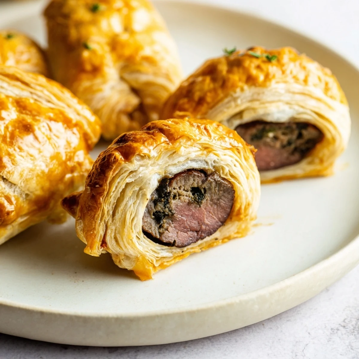 Mini Beef Wellingtons with Mushroom Duxelles baked to golden perfection, served on a rustic wooden board with fresh thyme garnish.