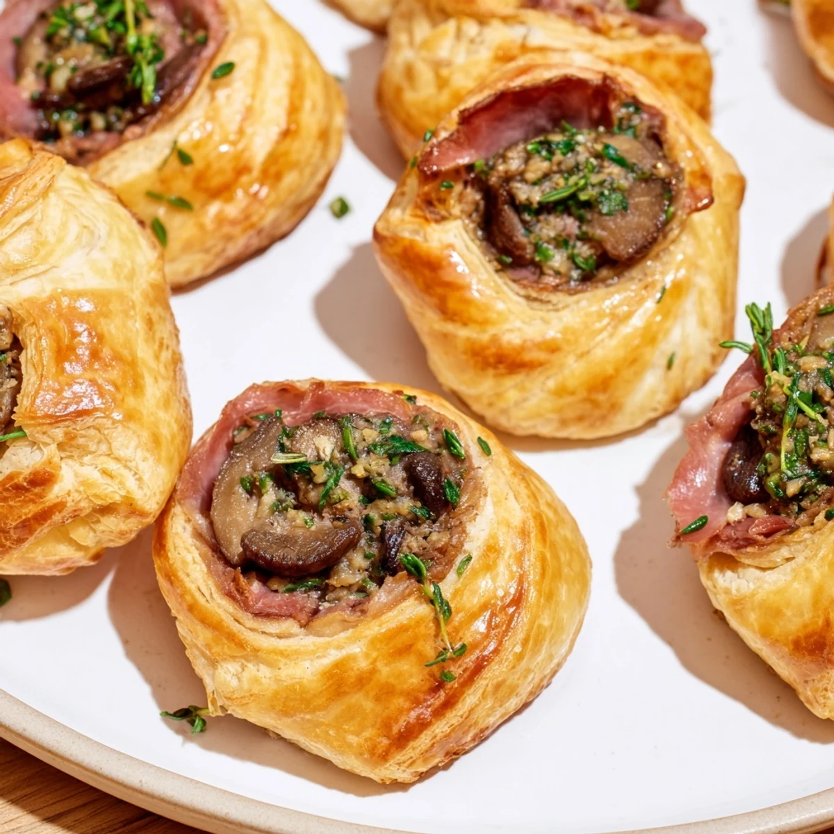 Eight Mini Beef Wellingtons with Mushroom Duxelles on a white platter, ready to be served as elegant appetizers with red wine.