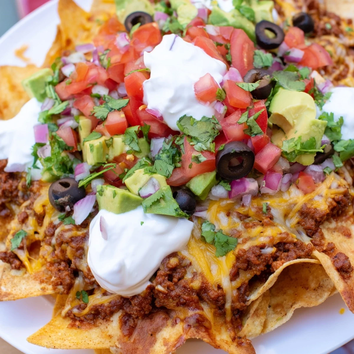 A platter of Nachos Supreme with seasoned beef, melted cheeses, and fresh toppings, crowned with cool sour cream.