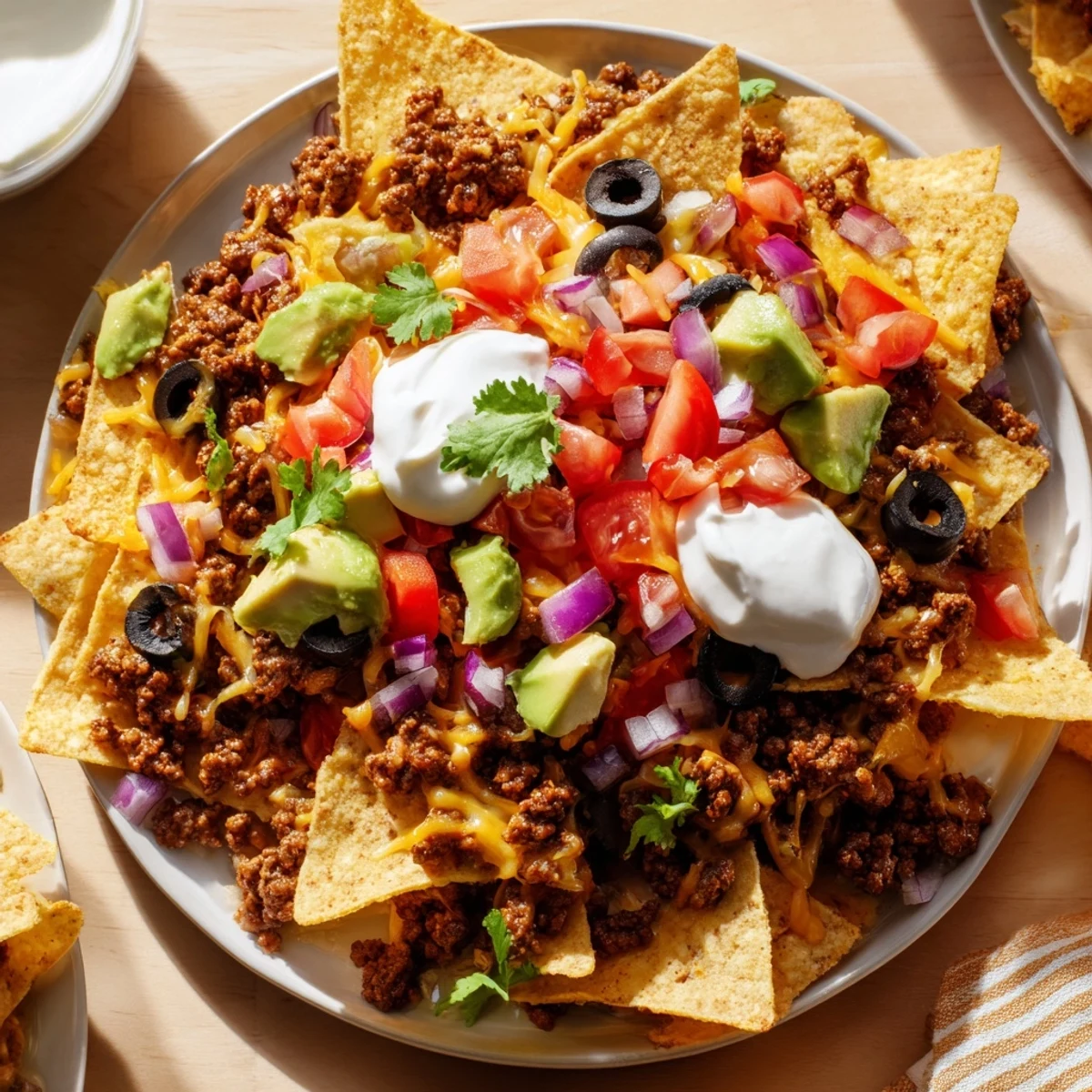 Loaded Nachos Supreme piled high with crispy tortilla chips, beef, and vegetables, served warm for game day.