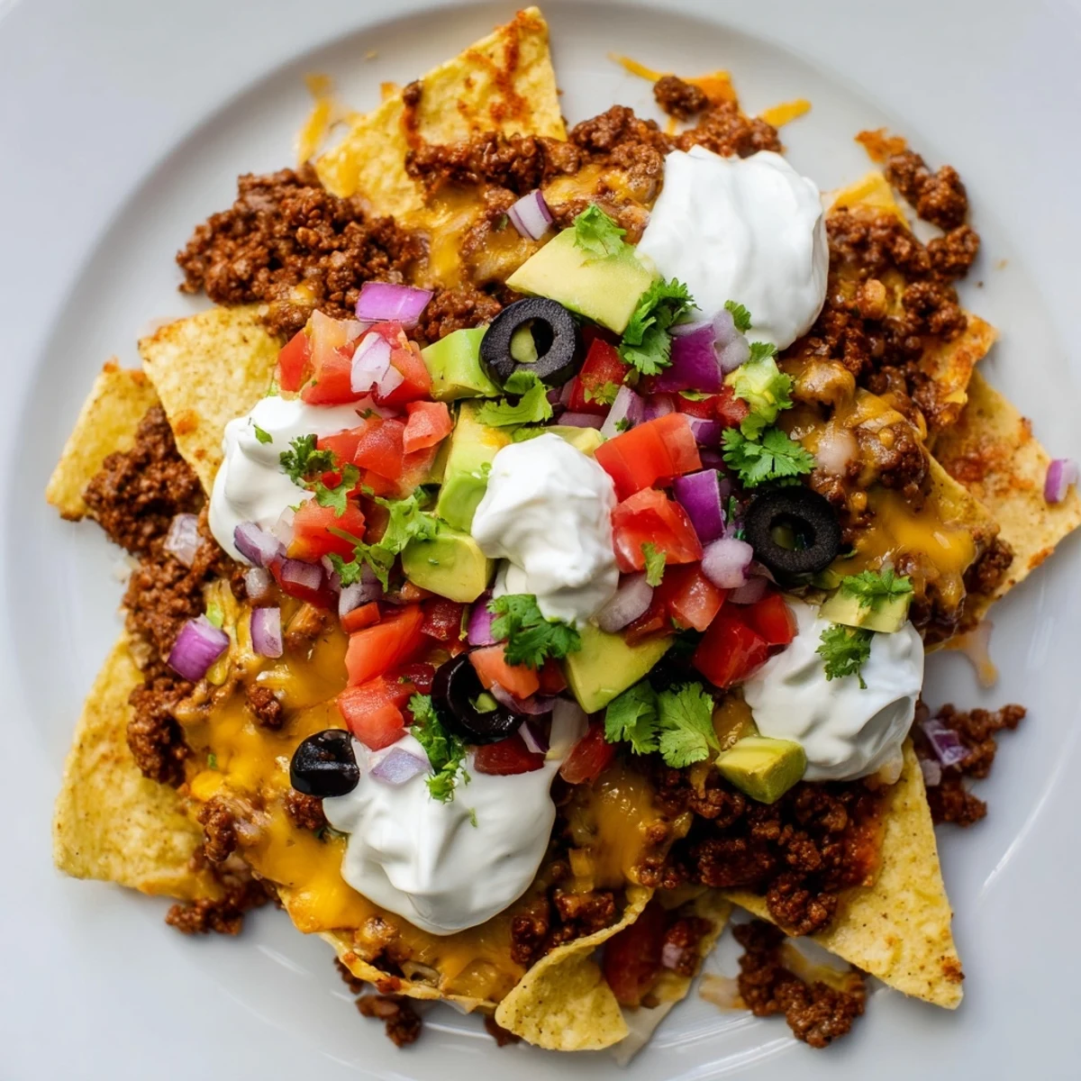 Steamy Nachos Supreme fresh from the oven, topped with sour cream, jalapeños, and vibrant cilantro and avocado.