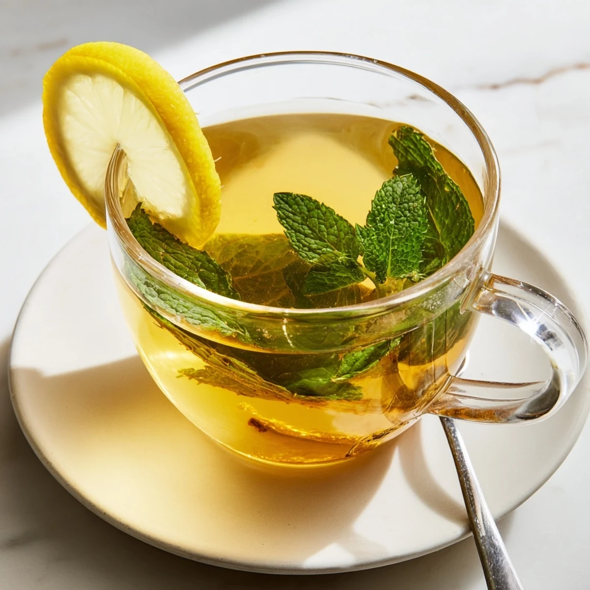 Warm Mint Tea with Honey and Lemon steaming in a clear glass mug, garnished with fresh mint leaves and a lemon slice.  