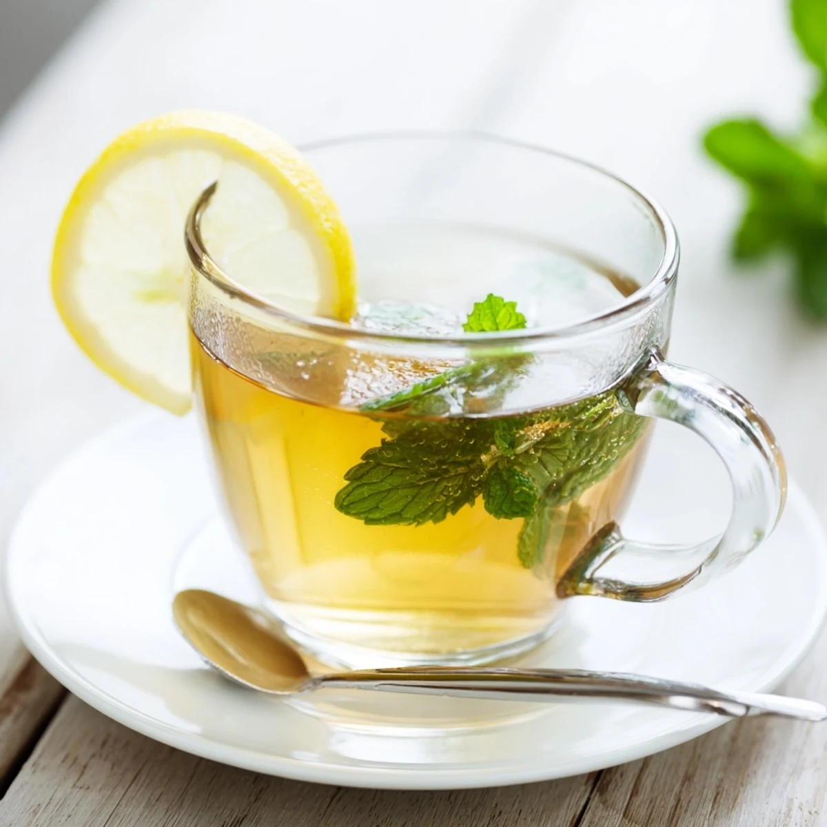 Homemade Mint Tea with Honey and Lemon poured into a rustic ceramic cup, accompanied by lemon wedges and mint sprigs.