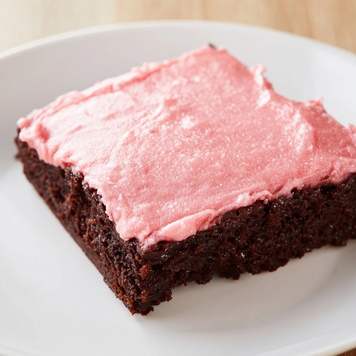 A close-up of brownies with pink frosting, sprinkled on a white plate near flowers.