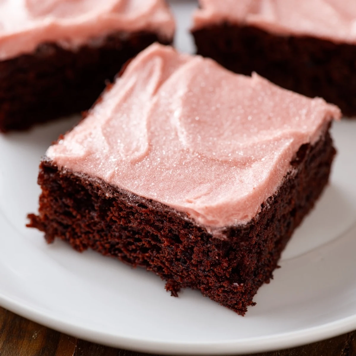 Rich chocolate brownies with bright pink frosting, cut into squares for an indulgent treat.