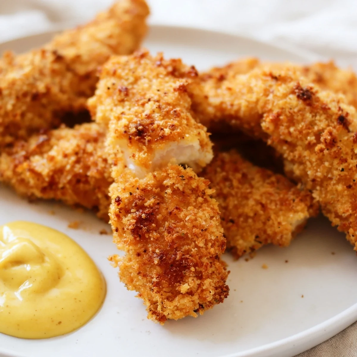 Golden, crispy chicken tenders with honey mustard sauce on a rustic plate, served with fresh salad and fries.