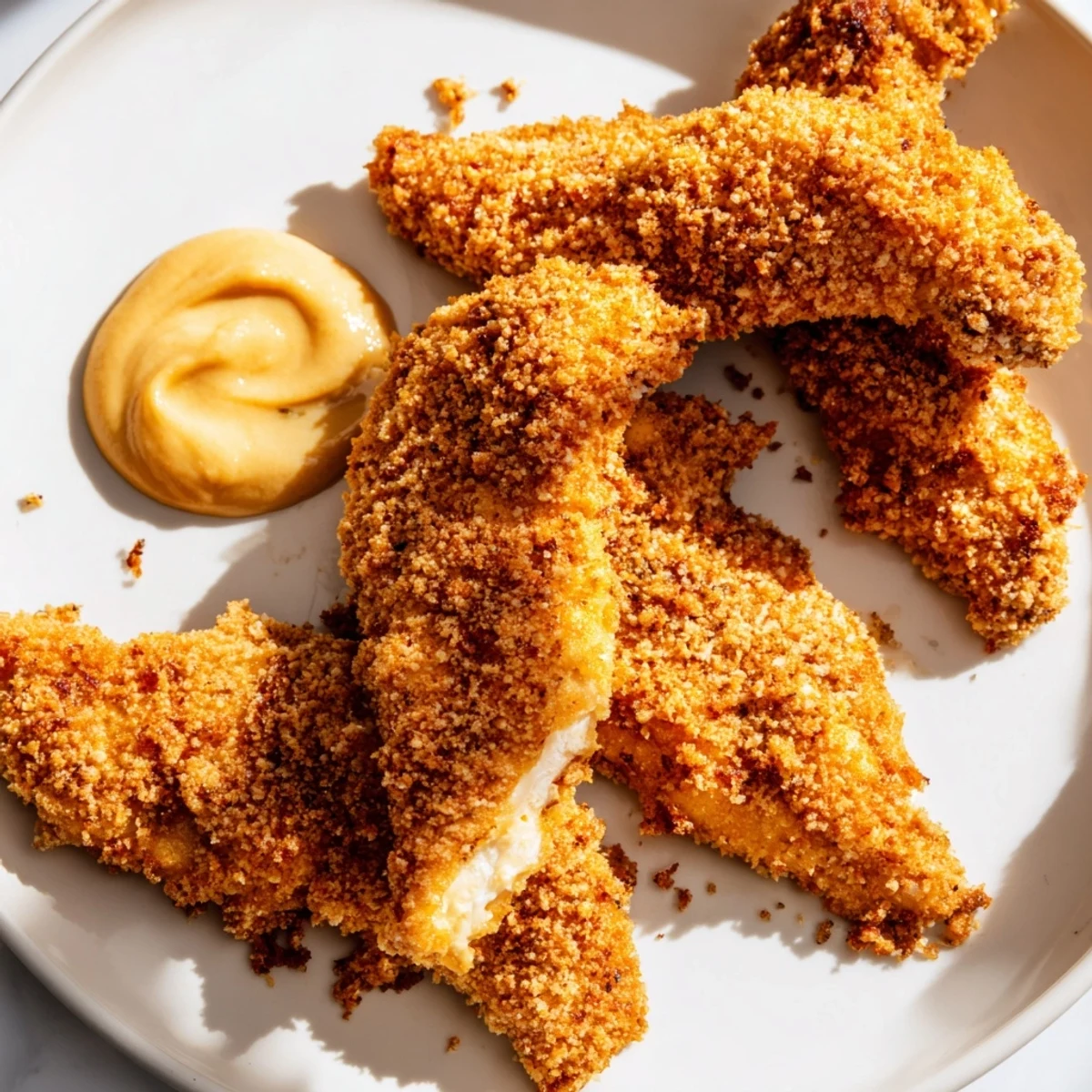 Family-friendly chicken tenders with honey mustard dip, golden breaded pieces arranged with lemon wedges and creamy dipping sauce.