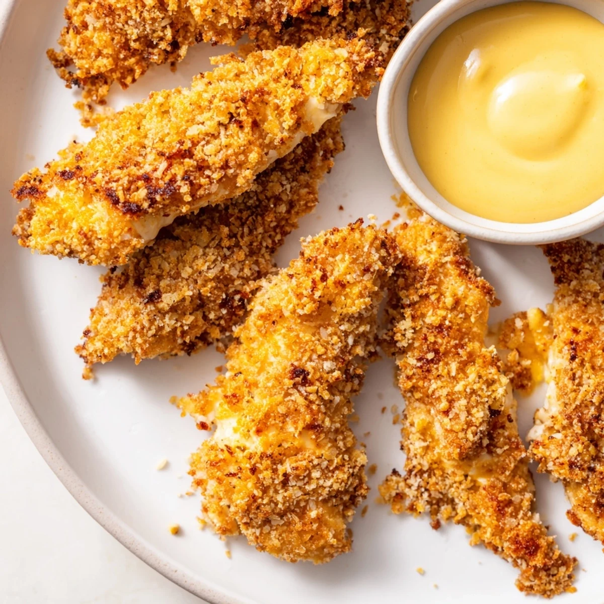 Perfectly fried chicken tenders with honey mustard sauce, paired with fries and fresh greens on a wooden table.