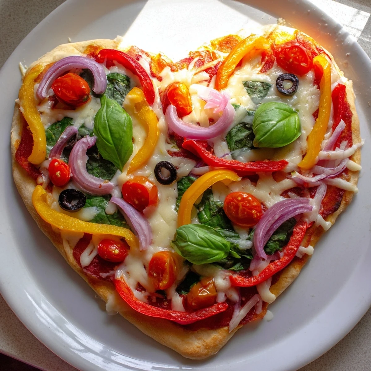 The heart-shaped vegetable pizza showcases a crispy golden crust covered in colorful bell peppers, red onion, and melty mozzarella cheese.  
