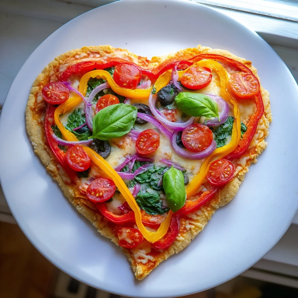 This vegetarian heart-shaped pizza features a golden crust topped with vibrant peppers, cherry tomatoes, spinach, and fresh basil garnish.  