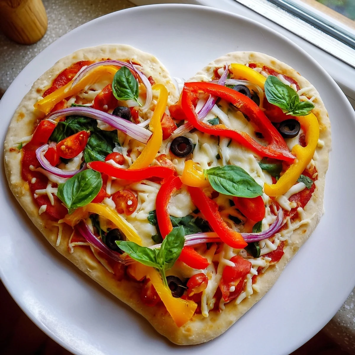 A freshly baked heart-shaped pizza with a golden crust, loaded with melted mozzarella and an array of colorful garden-fresh vegetable toppings.