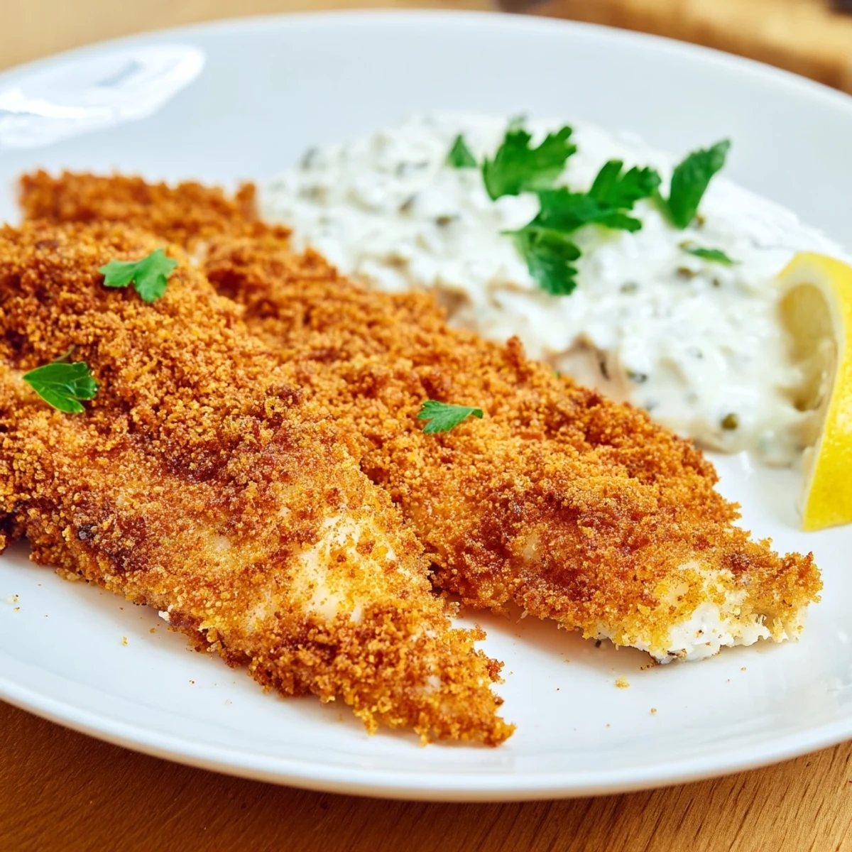 Crispy golden Fish Fry with Tartar Sauce fillets, served hot with a creamy dip and lemon wedges.